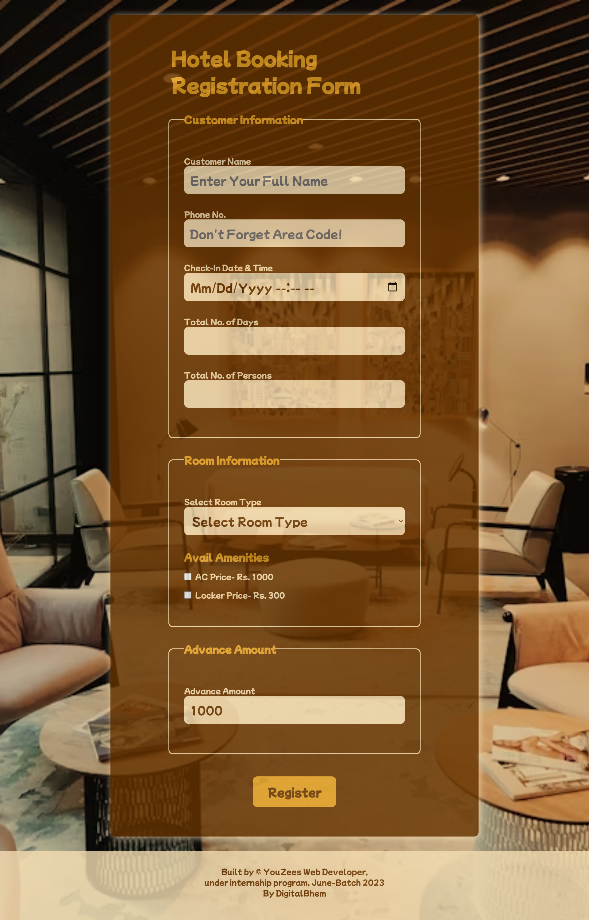 room booking form preview